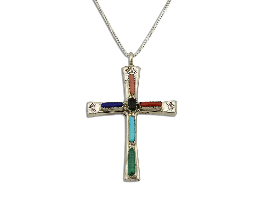 Zuni Handmade Cross Necklace 925 Silver Natural Gemstone Signed L. IULE C.80's