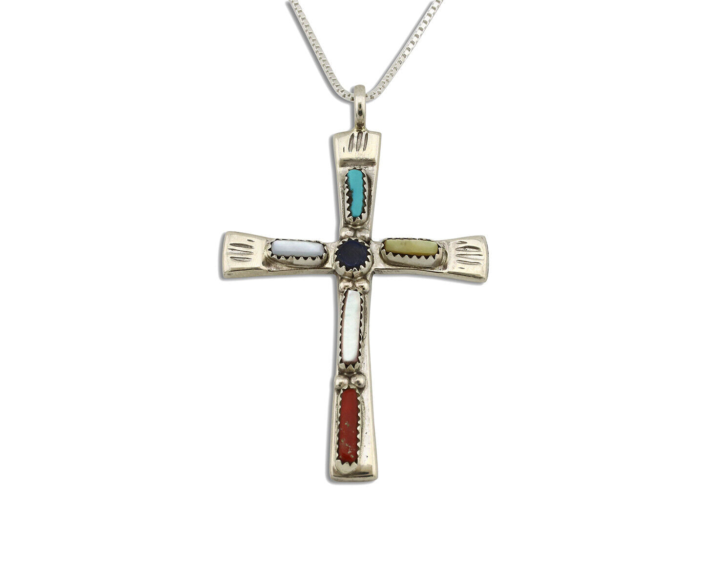 Zuni Handmade Cross Necklace 925 Silver Natural Gemstone Signed C. IULE C.80's