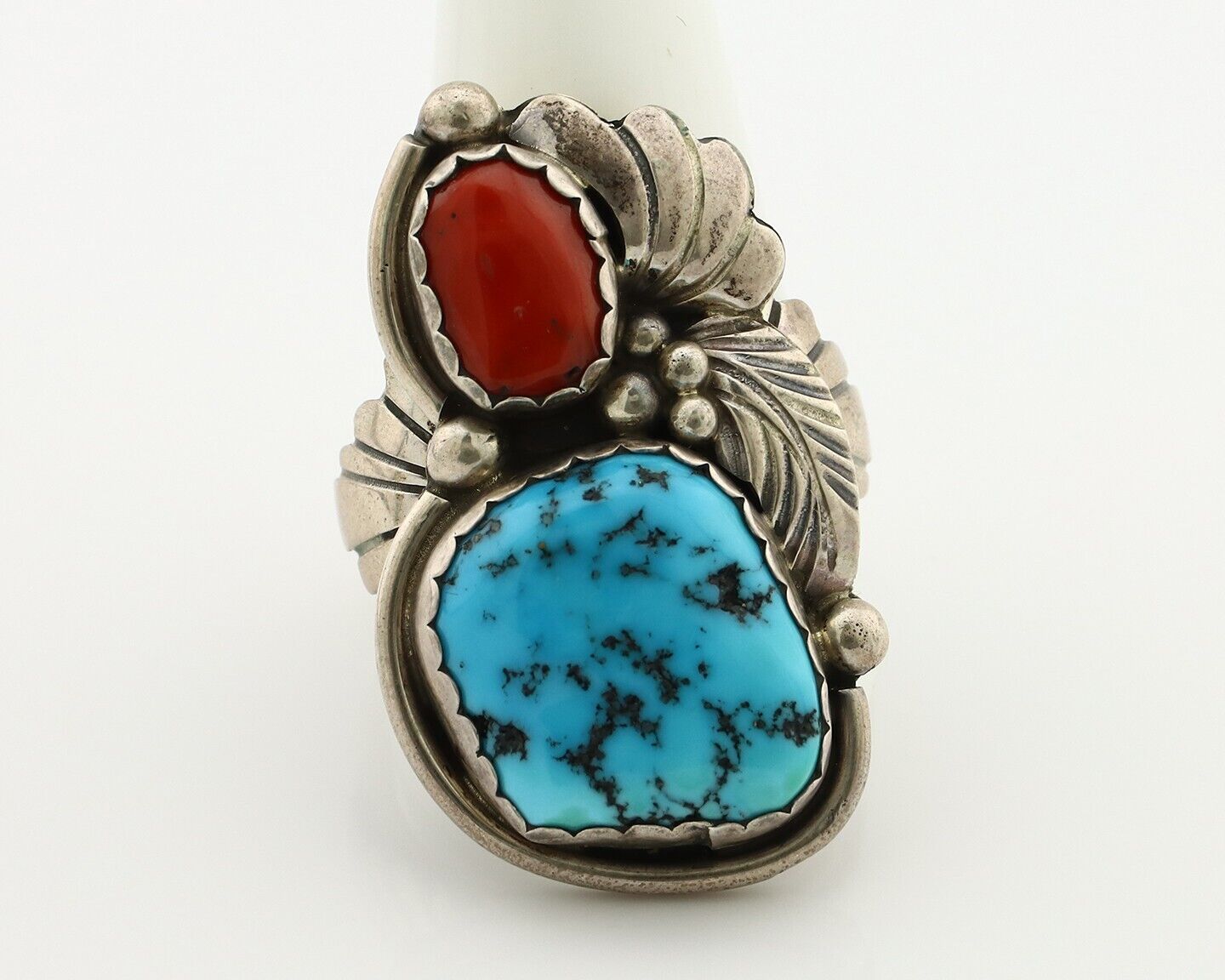 Navajo Ring 925 Silver Blue Turquiose & Coral Artist Signed R Arrow C.80's