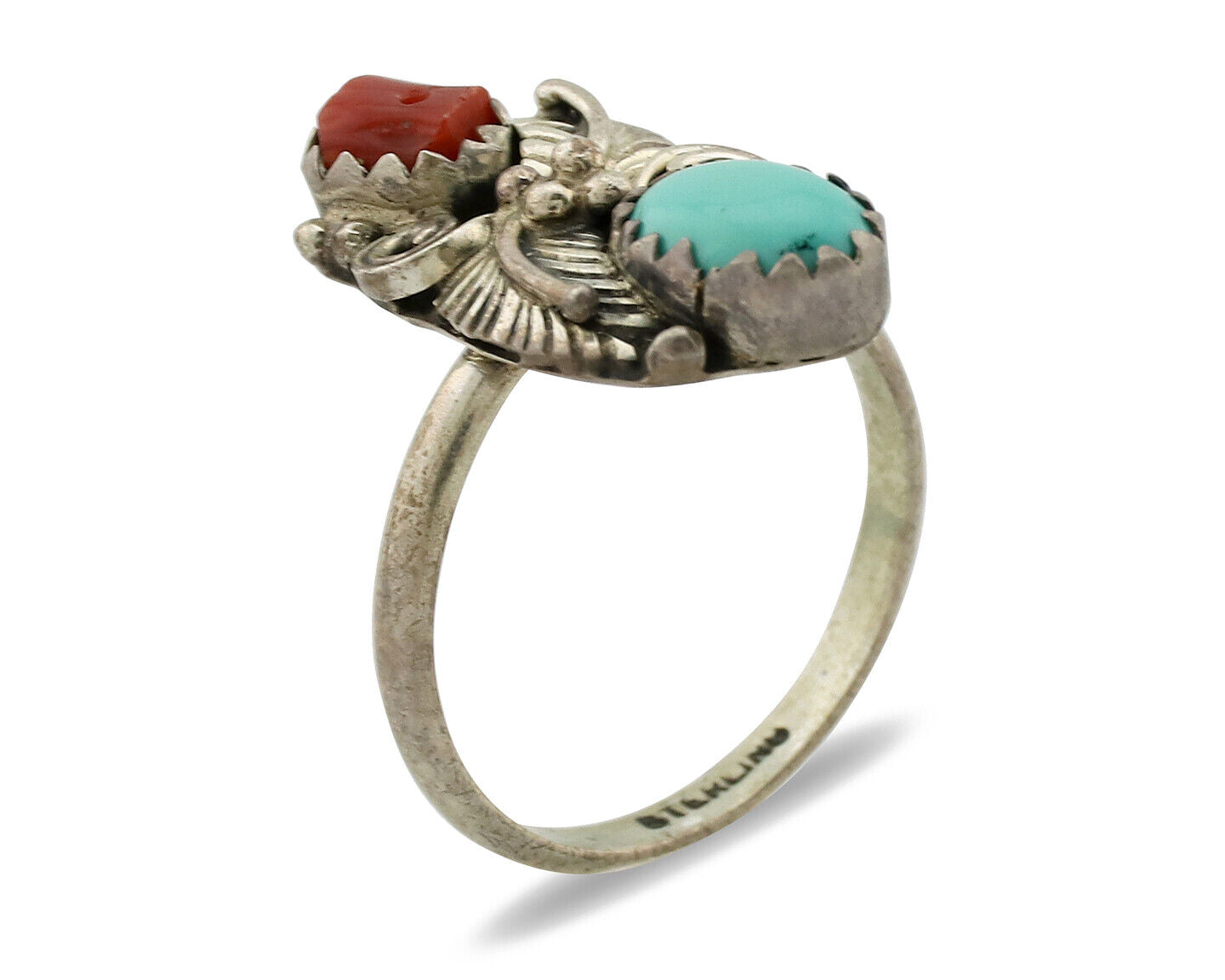 Navajo Ring 925 Silver Coral & Turquoise Handmade Native American Artist C.1980s