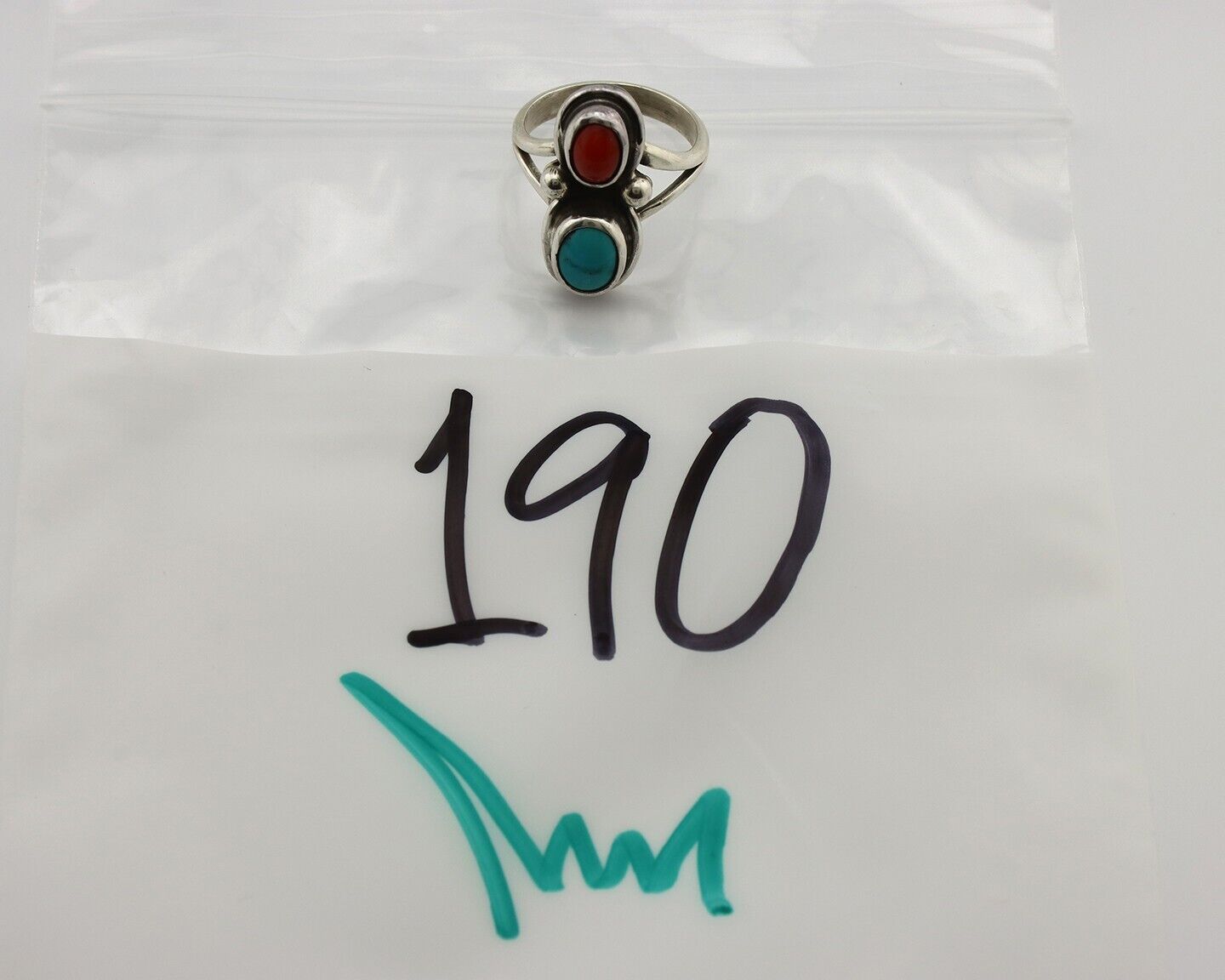 Navajo Handmade Ring 925 Silver Coral & Turquoise Native American Artist C.80's