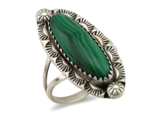 Navajo Ring 925 Silver Natural Malachite Artist Native American Signed H C.80's