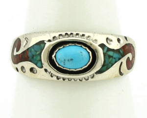 Navajo Handmade Ring 925 Silver Blue Turquoise & Coral Native American C.80's