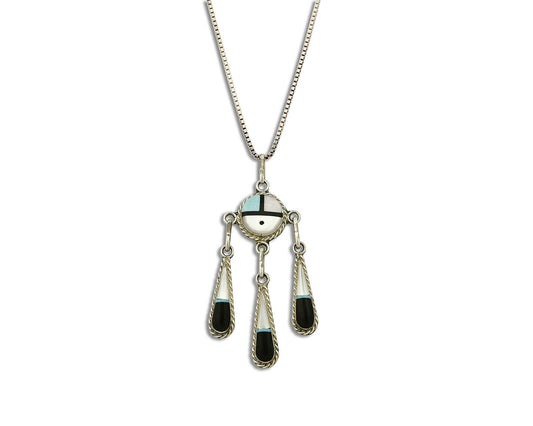 Women's Zuni Necklace .925 Silver Tiwa Sun C.1980's Gemstones