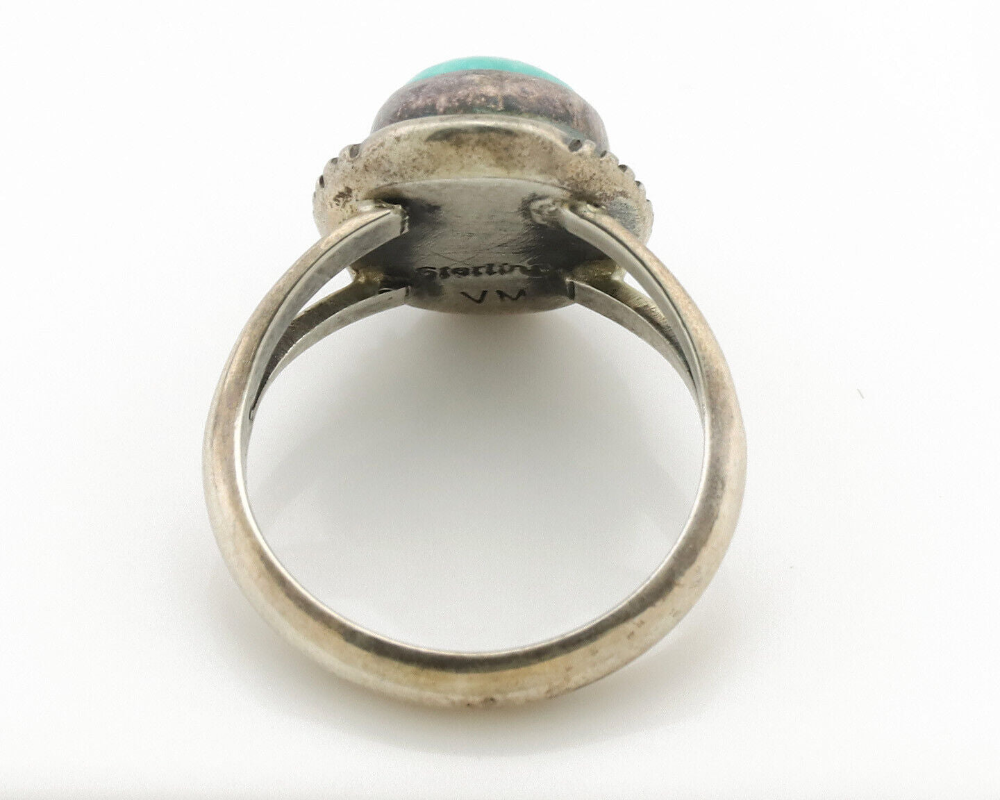 Navajo Ring .925 Silver Natural Turquoise Handmade Artist Signed VM C.1980s