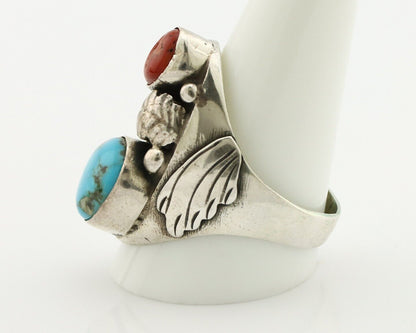 Navajo Ring 925 Silver Blue Turquiose & Mediterranean Coral Native Artist C.80's