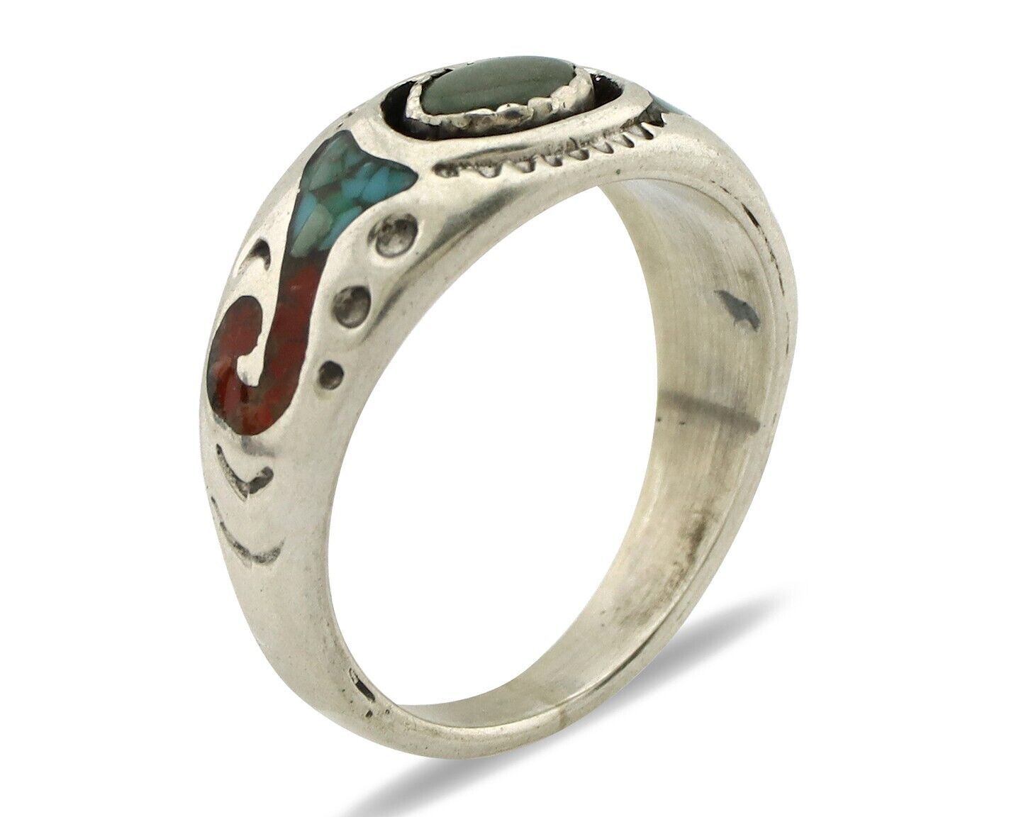 Navajo Handmade Ring 925 Silver Blue Turquoise & Coral Native American C.80's