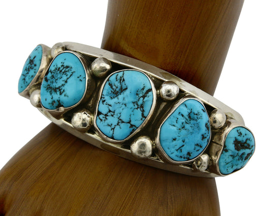 Navajo Bracelet .925 Silver Sleeping Beauty Turquoise Signed JR C.80's