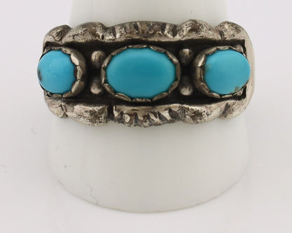 Navajo Ring .925 Silver Natural Blue Turquoise Artist Signed Sun Bell C.80's