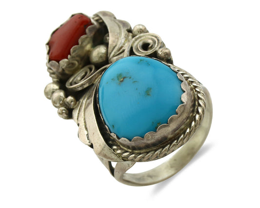 Navajo Ring .925 Silver Turquoise & Coral Artist Signed Justin Morris C.80's