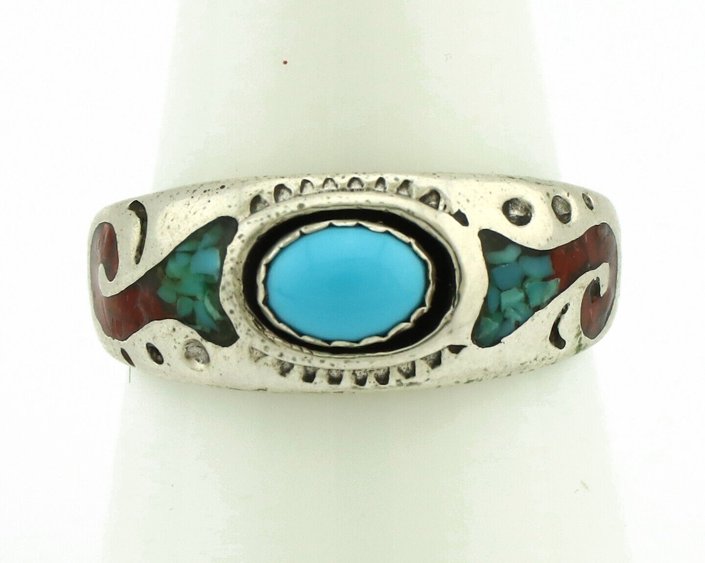 Navajo Handmade Ring 925 Silver Blue Turquoise & Coral Native American C.80's