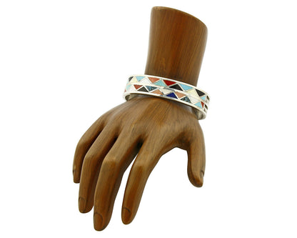 Zuni Signed Anita Banteah Inlaid Multiple Gemstone .925 Cuff Bracelet