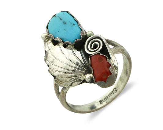 Navajo Ring .925 Silver Turquoise & Coral Native American Artist C.1980's