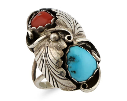 Navajo Handmade Ring 925 Silver Turquiose & Coral Artist Signed E C.80's