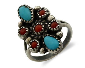 Navajo Ring 925 Silver Turquoise & Coral Handmade Native American Artist C.1980s
