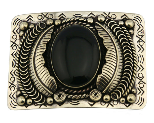 Navajo Handmade Belt Buckle .999 Nickle Silver Onyx Artist Signed Tipi C.80's