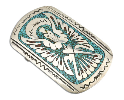 Navajo Belt Buckle .925 Silver Handmade Chip Inlay Artist Tobaco Lee C.80's