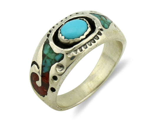 Navajo Handmade Ring 925 Silver Blue Turquoise & Coral Native American C.80's