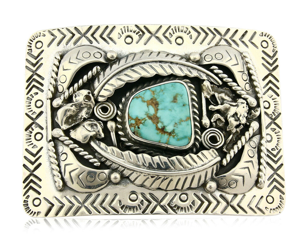 Navajo Belt Buckle .925 Silver Morenci Turquoise Artist Signed Tipi C.80's