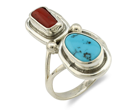 Navajo Ring .925 Silver Blue Turquoise & Red Coral Native American Artist C.80's