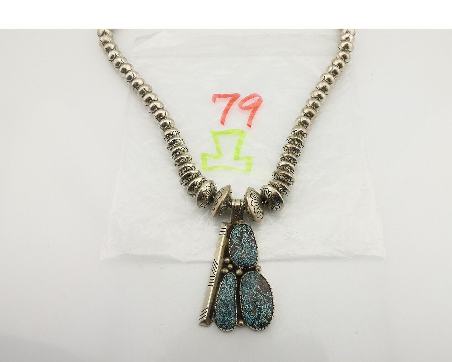 Navajo Necklace 925 Silver Mine 8 Turquoise Artist Signed CD C.80's