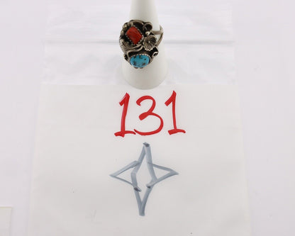 Navajo Handmade Ring 925 Silver Turquiose & Coral Artist Signed M C.80's