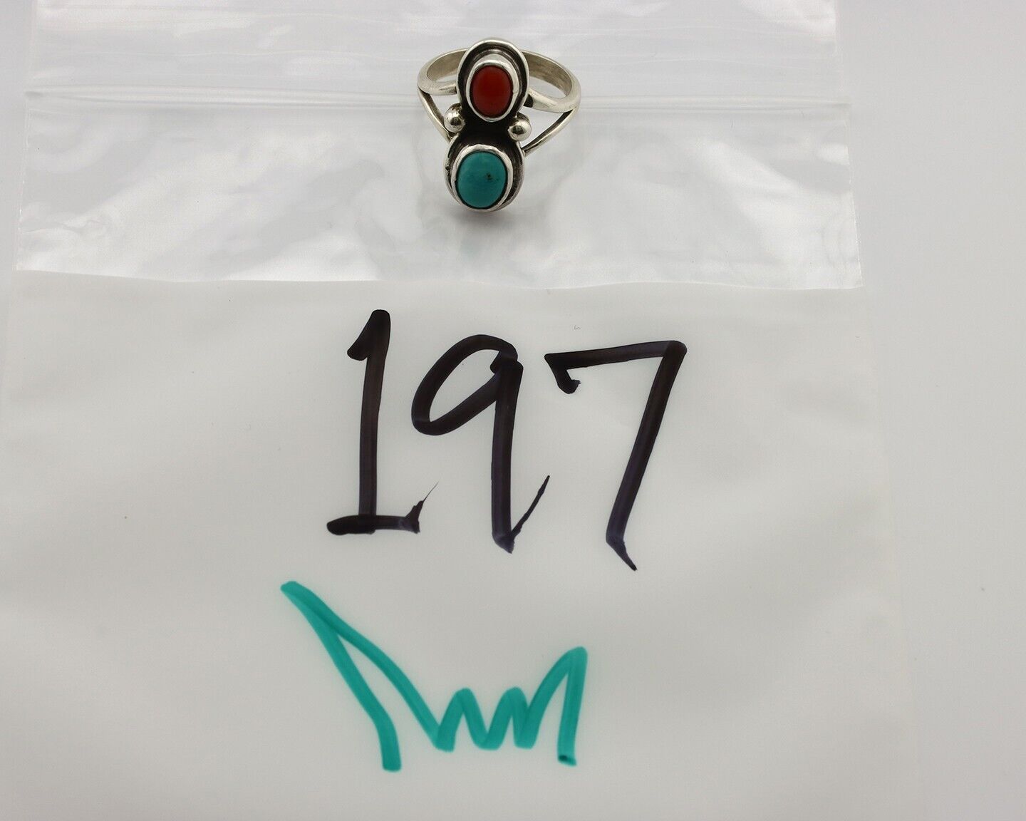 Navajo Handmade Ring 925 Silver Coral & Turquoise Native American Artist C.80's