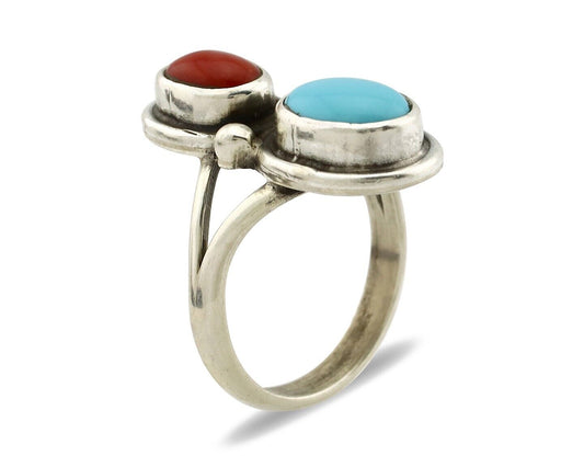 Navajo Handmade Ring 925 Silver Coral & Turquoise Native American Artist C.80's