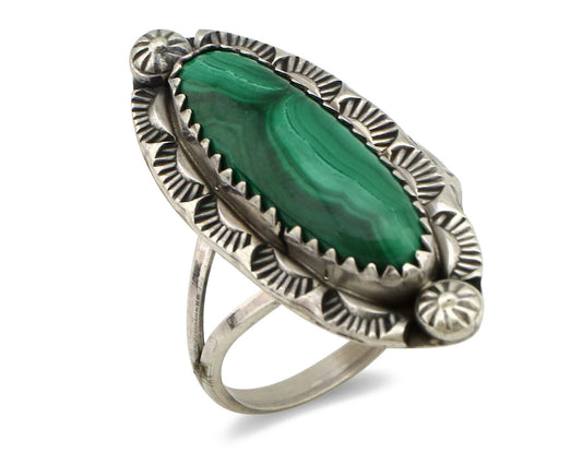 Navajo Ring 925 Silver Natural Malachite Artist Native American Signed H C.80's