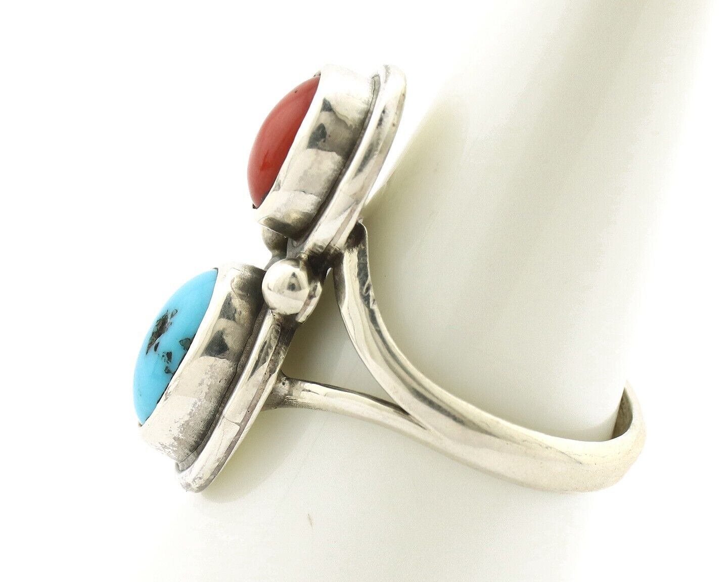 Navajo Inlay Band Ring 925 Silver Turquoise & Coral Native Artist C.80's