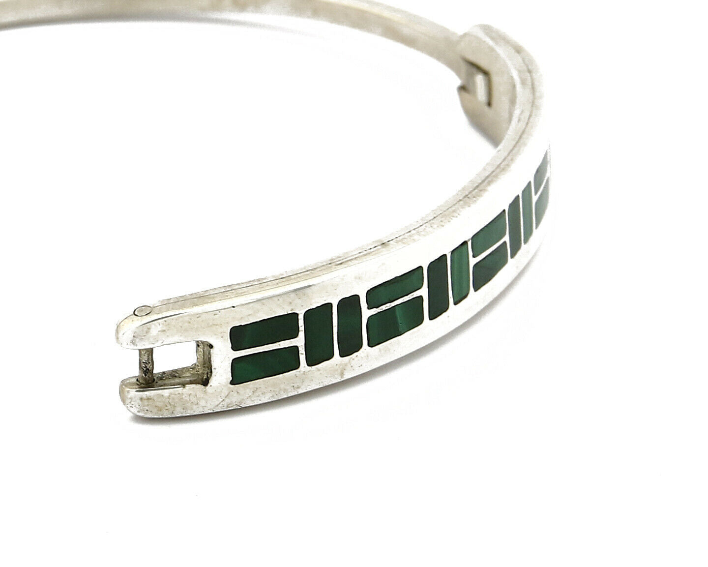 C. 1980's Navajo Signed WH SOLID .925 Silver Malachite Inlaid Cuff