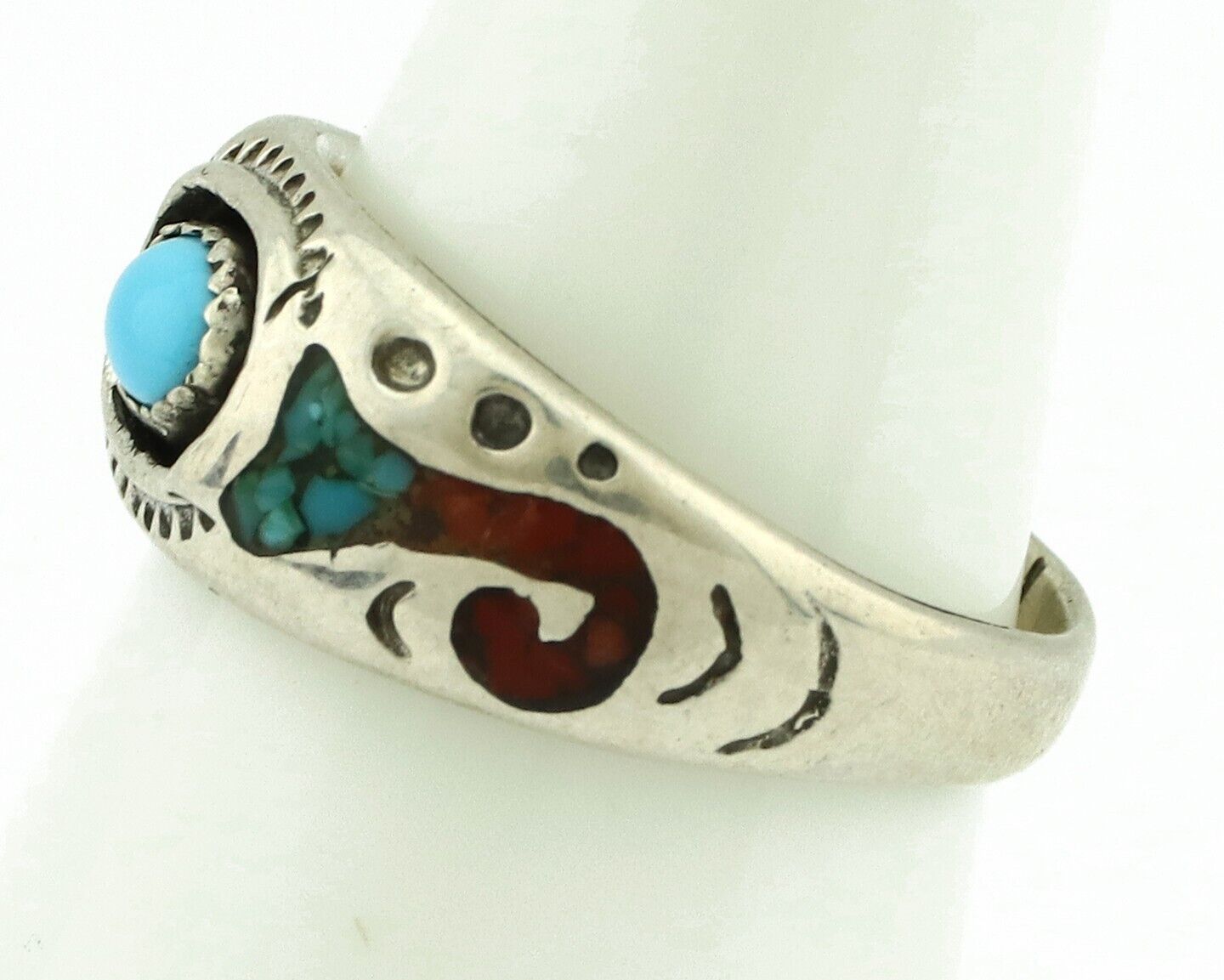 Navajo Handmade Ring 925 Silver Blue Turquoise & Coral Native American C.80's