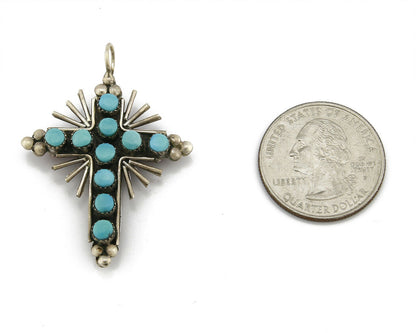 Zuni REAL Turquoise and Coral Reversible 925 Silver Handmade Cross Pendant