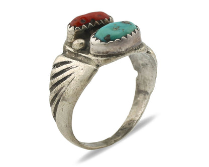 Zuni Ring .925 Silver Natural Turquoise & Coral Native American Artist C.1980's