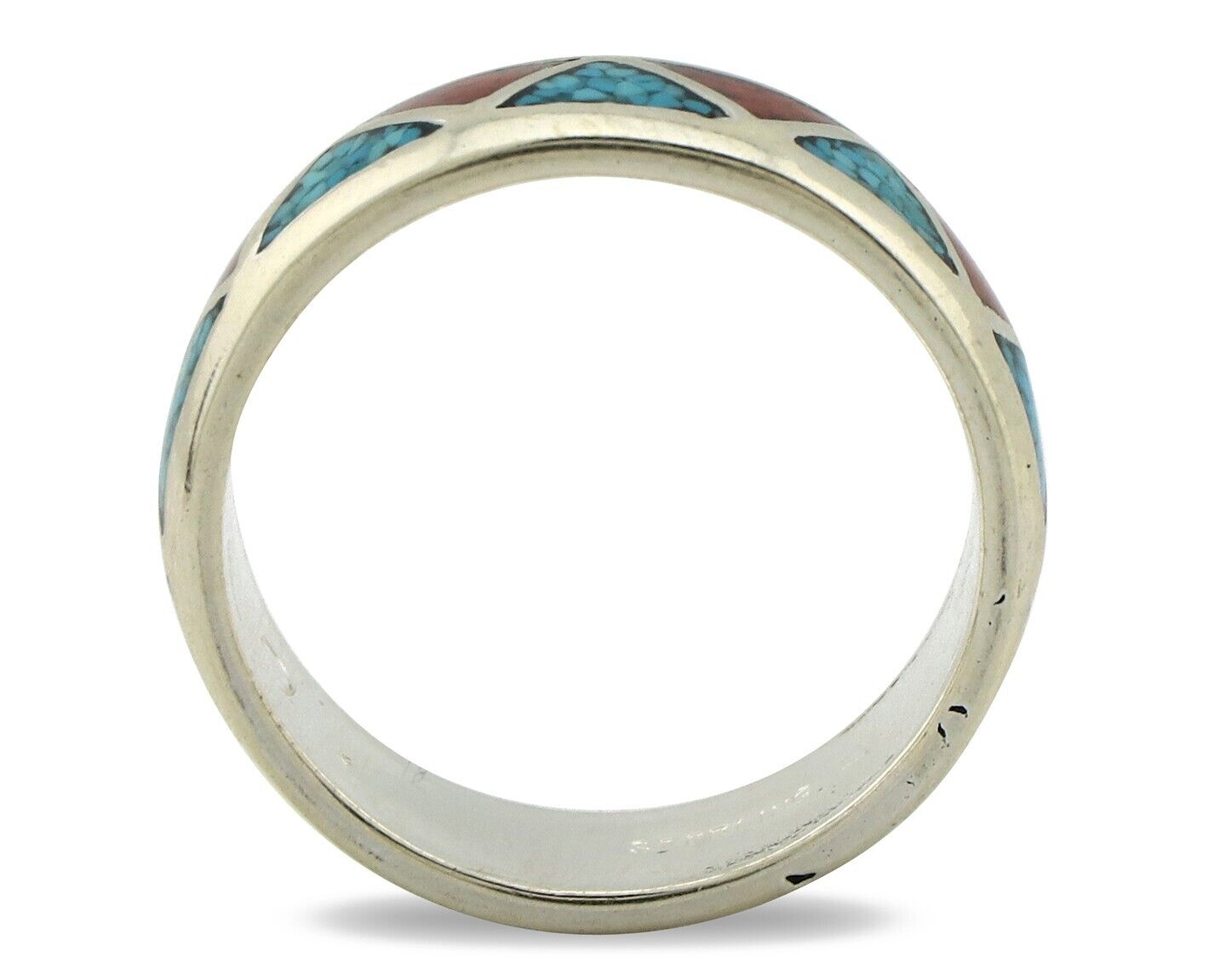 Navajo Chip Inlay Ring 925 Silver Sleeping Beauty Turquoise & Coral Silver Cloud