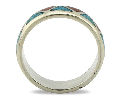 Navajo Chip Inlay Ring 925 Silver Sleeping Beauty Turquoise & Coral Silver Cloud