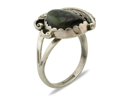 Navajo Ring .925 Silver Army Green Turquoise Native American Artist C.1980's