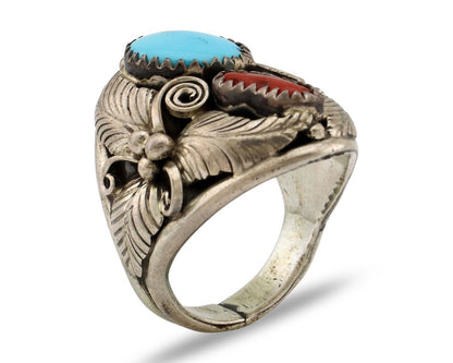 Navajo Ring 925 Silver Blue Turquiose & Mediterranean Coral Native Artist C.80's