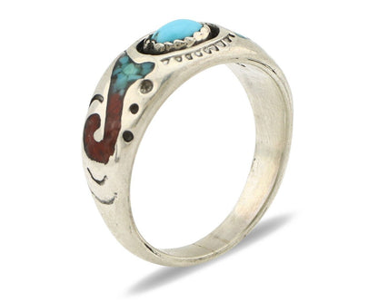 Navajo Handmade Ring 925 Silver Blue Turquoise & Coral Native American C.80's