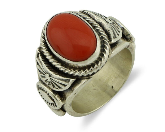 Navajo Ring 925 Silver Natural Mediterranean Coral Artist Signed Tobe Turpen C80