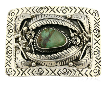 Navajo Belt Buckle .925 Silver Natural Turquoise Artist Signed Tipi C.80's