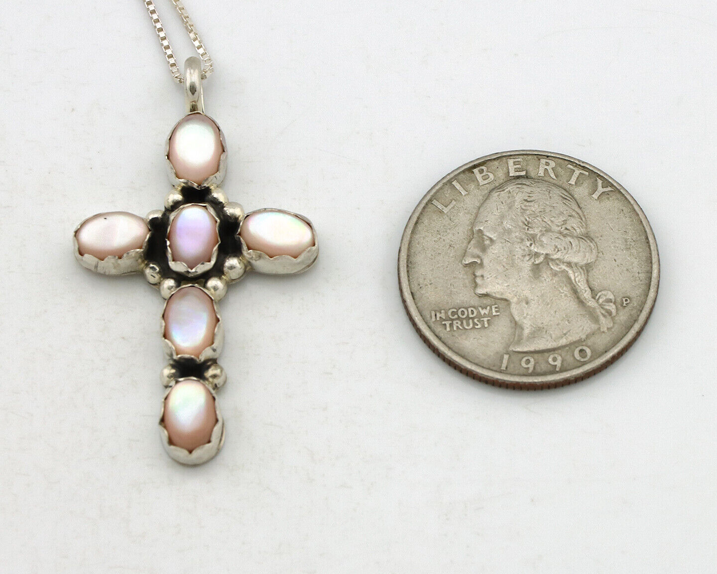 Navajo Cross Necklace 925 Silver Pink Mussel Native American Artist C.80's