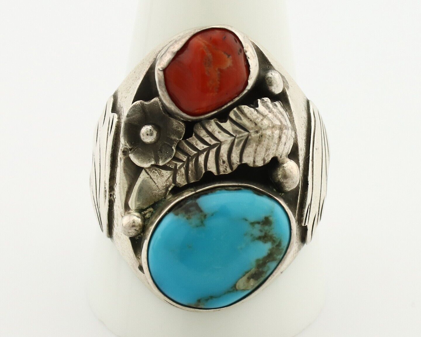 Navajo Ring 925 Silver Blue Turquiose & Mediterranean Coral Native Artist C.80's