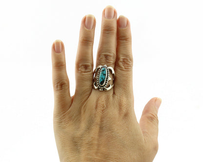 Navajo Sand Cast Ring .925 Silver Kingman Turquoise Native Artist C.80's