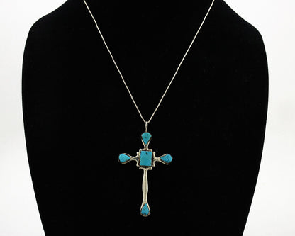 Navajo Cross Necklace 925 Silver Sleeping Beauty Turquoise Native Artist C.80's