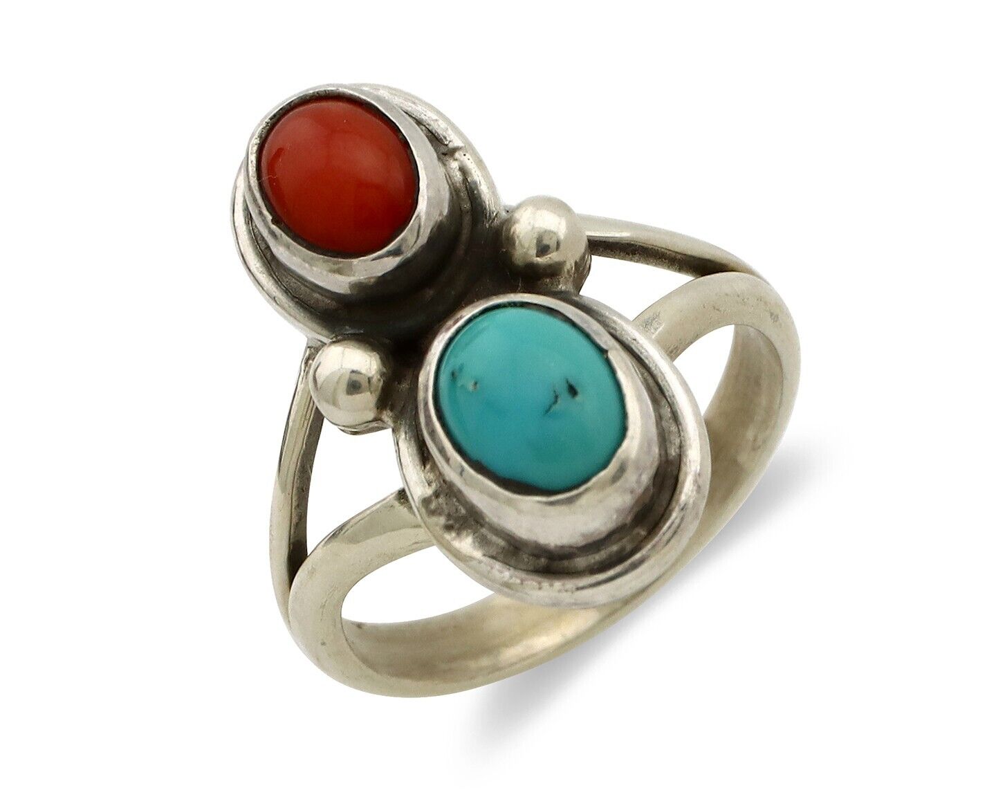 Navajo Handmade Ring 925 Silver Coral & Turquoise Native American Artist C.80's