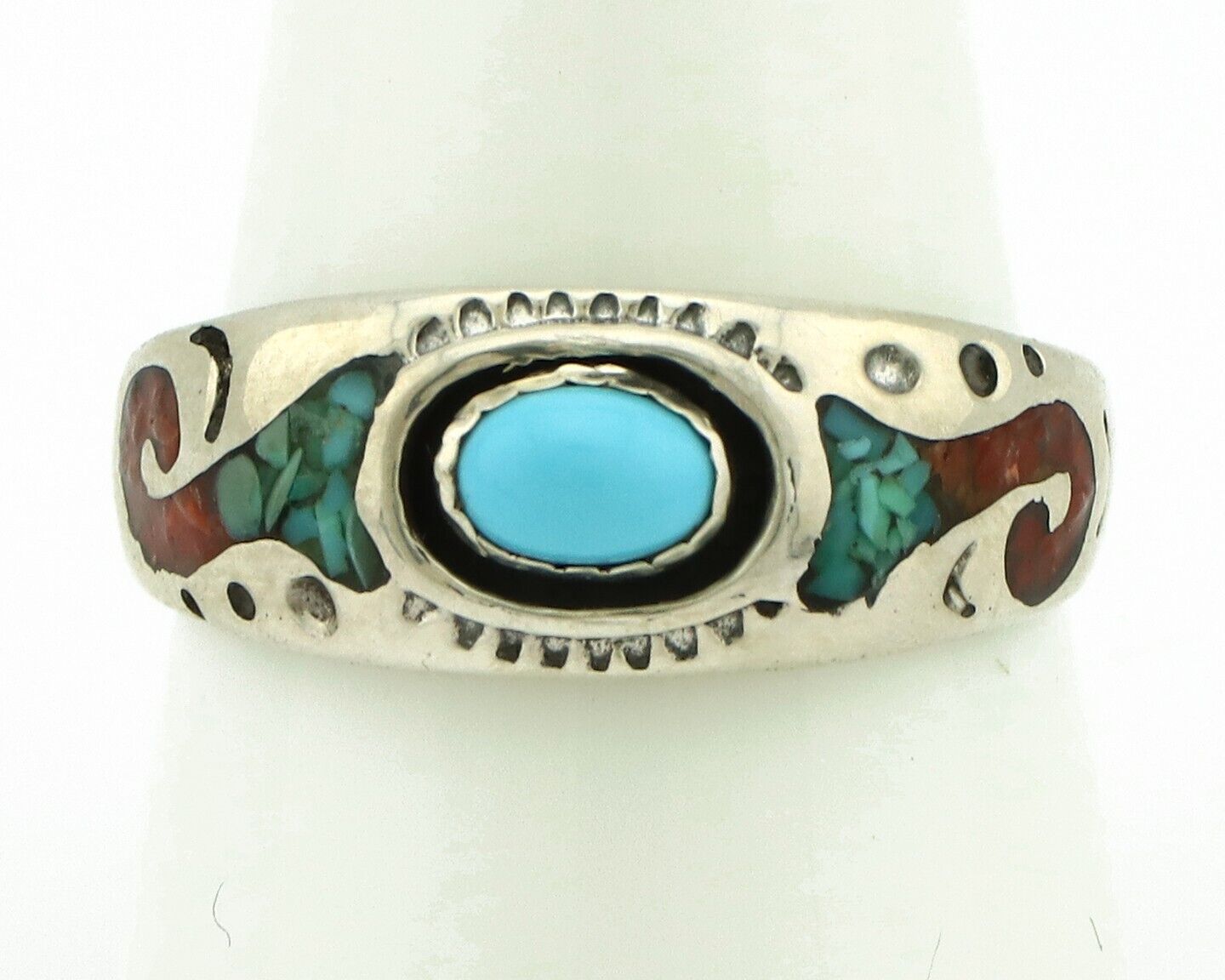 Navajo Handmade Ring 925 Silver Blue Turquoise & Coral Native American C.80's