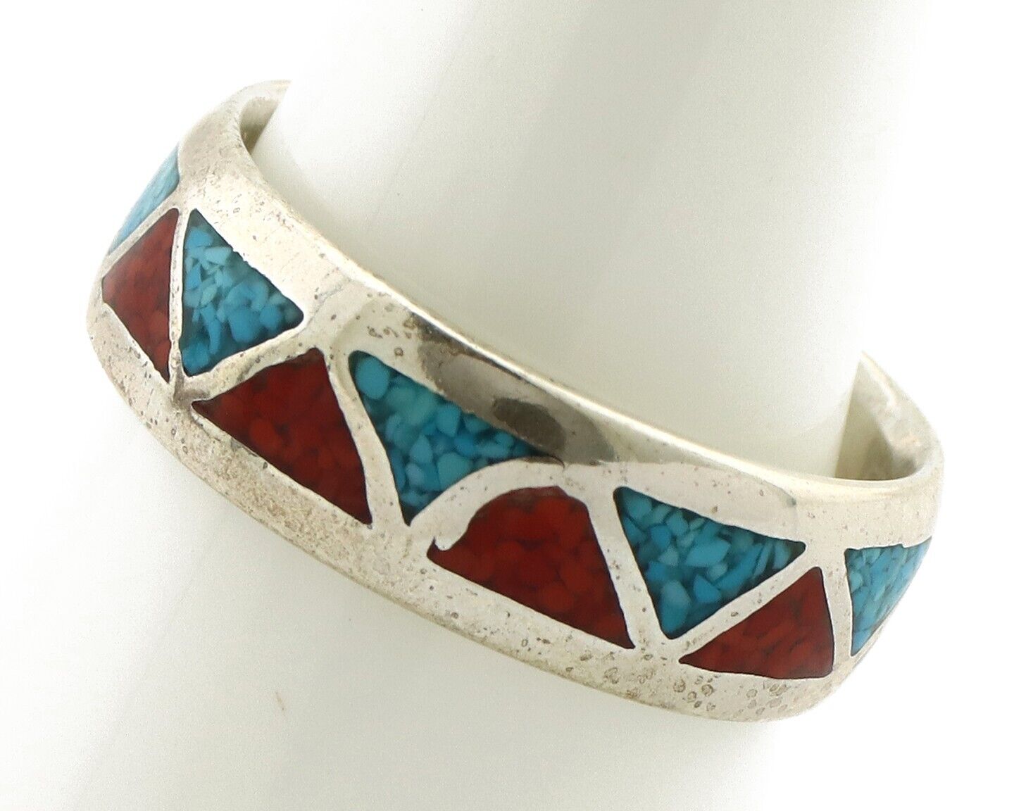 Navajo Chip Inlay Ring 925 Silver Sleeping Beauty Turquoise & Coral Silver Cloud