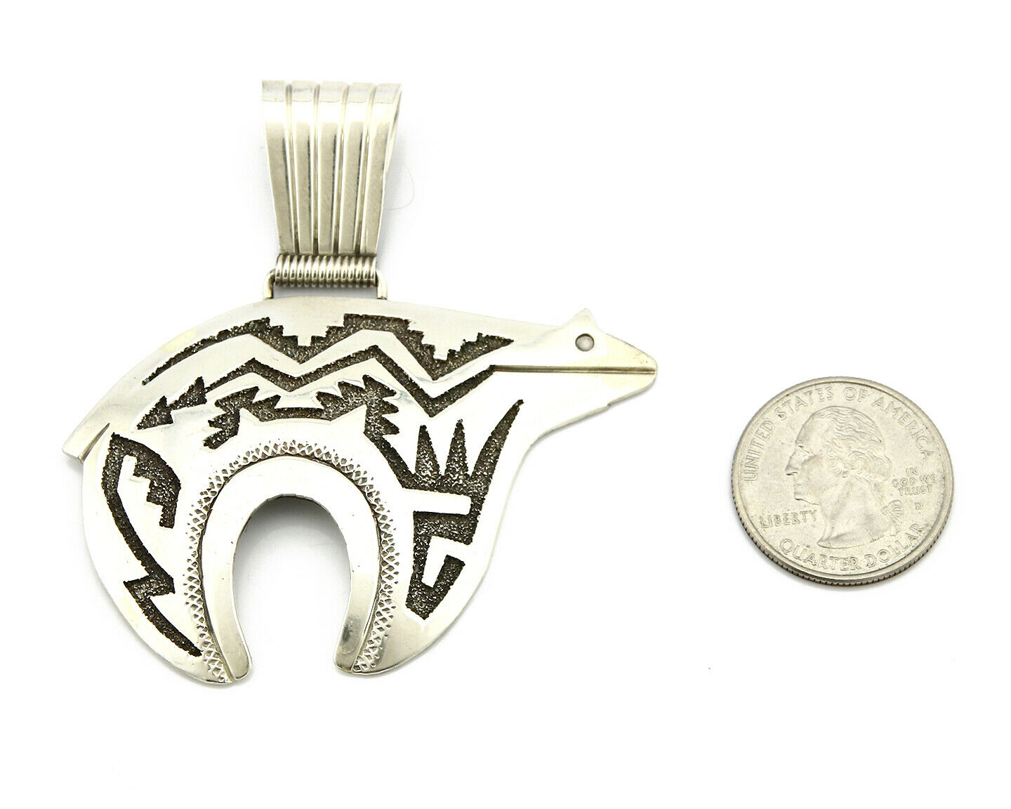 Navajo Spirit Bear Pendant SOLID .925 Silver Overlay Signed Artist R Singer C80s