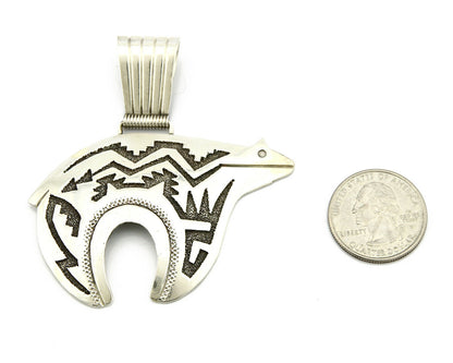 Navajo Spirit Bear Pendant SOLID .925 Silver Overlay Signed Artist R Singer C80s